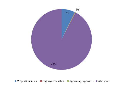 Pie Chart: Wages & Salaries=7%, Employee Benefits=0%, Operating Expenses=0%, Safety Net=93%