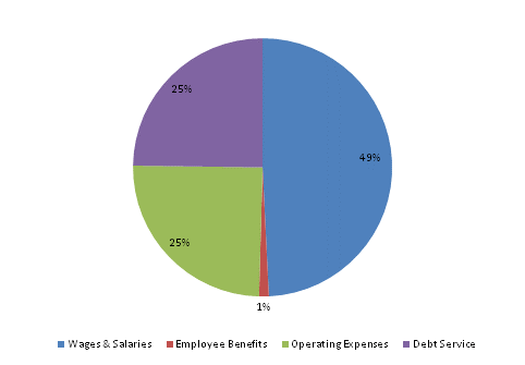 Pie Chart: Wages & Salaries=49%, Employee Benefits=1%, Operating Expenses=25%, Debt Service=25%