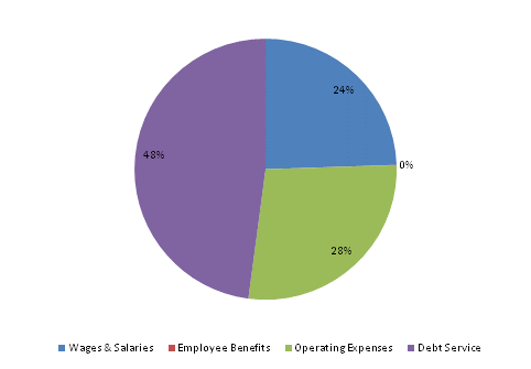 Pie Chart: Wages & Salaries=24%, Employee Benefits=0%, Operating Expenses=28%, Debt Service=48%