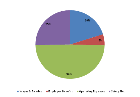 Pie Chart: Wages & Salaries=20%, Employee Benefits=5%, Operating Expenses=50%, Safety Net=25%