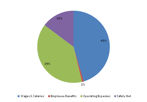 Pie Chart: Wages & Salaries=45%, Employee Benefits=1%, Operating Expenses=39%, Safety Net=15%