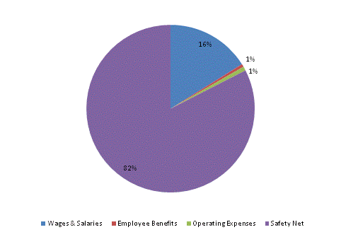 Pie Chart: Wages & Salaries=16%, Employee Benefits=1%, Operating Expenses=1%, Safety Net=82%