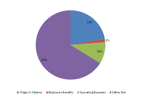 Pie Chart: Wages & Salaries=22%, Employee Benefits=1%, Operating Expenses=10%, Safety Net=67%