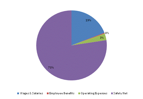 Pie Chart: Wages & Salaries=19%, Employee Benefits=0%, Operating Expenses=3%, Safety Net=78%