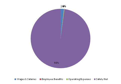 Pie Chart: Wages & Salaries=2%, Employee Benefits=0%, Operating Expenses=0%, Safety Net=98%