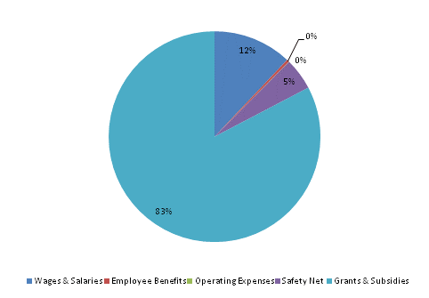 Pie Chart: Wages & Salaries=12%, Employee Benefits=0%, Operating Expenses=0%, Safety Net=5%, Grants & Subsidies=83%