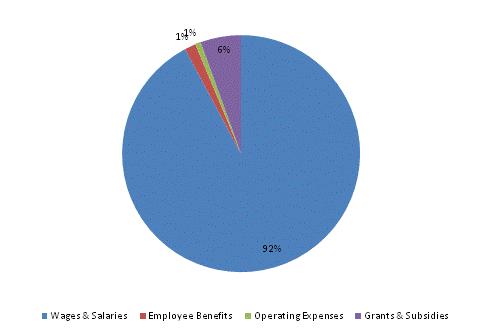 Pie Chart: Wages & Salaries=91%, Employee Benefits=2%, Operating Expenses=1%, Grants & Subsidies=6%