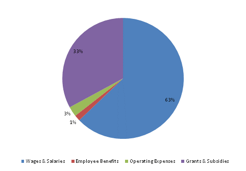 Pie Chart: Wages & Salaries=62%, Employee Benefits=2%, Operating Expenses=3%, Grants & Subsidies=33%