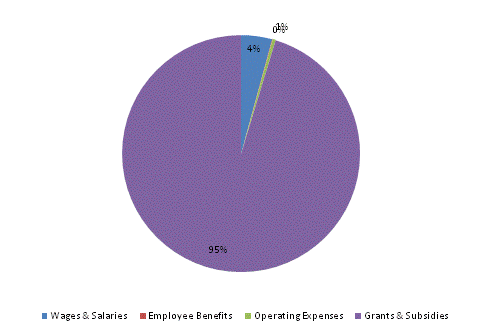 Pie Chart: Wages & Salaries=4%, Employee Benefits=0%, Operating Expenses=0%, Grants & Subsidies=96%