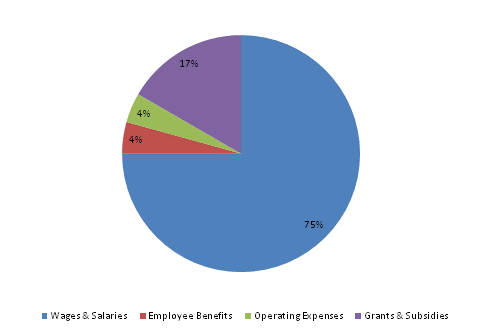 Pie Chart: Wages & Salaries=75%, Employee Benefits=4%, Operating Expenses=4%, Grants & Subsidies=17%