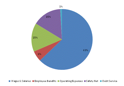 Pie Chart: Wages & Salaries=63%, Employee Benefits=6%, Operating Expenses=15%, Safety Net=15%, Debt Service=1%