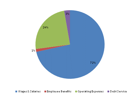 Pie Chart: Wages & Salaries=72%, Employee Benefits=1%, Operating Expenses=24%, Debt Service=3%