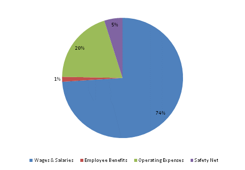 Pie Chart: Wages & Salaries=74%, Employee Benefits=1%, Operating Expenses=20%, Safety Net=5%