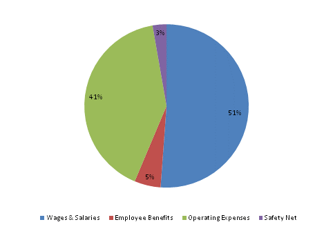 Pie Chart: Wages & Salaries=51%, Employee Benefits=5%, Operating Expenses=41%, Safety Net=3%