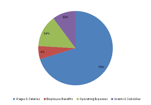 Pie Chart: Wages & Salaries=70%, Employee Benefits=6%, Operating Expenses=14%, Grants & Subsidies=10%