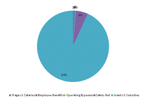 Pie Chart: Wages & Salaries=1%, Employee Benefits=0%, Operating Expenses=0%, Safety Net=6%, Grants & Subsidies=93%