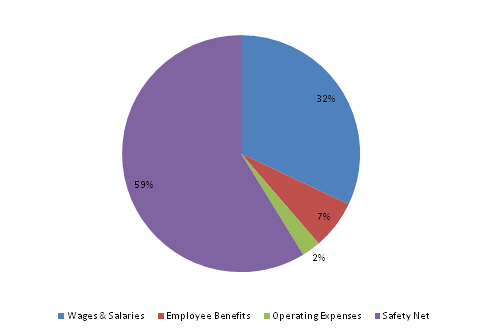 Pie Chart: Wages & Salaries=32%, Employee Benefits=7%, Operating Expenses=3%, Safety Net=58%