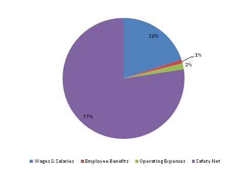 Pie Chart: Wages & Salaries=20%, Employee Benefits=1%, Operating Expenses=2%, Safety Net=77%