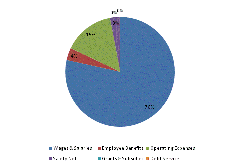 Pie Chart: Wages & Salaries=78%, Employee Benefits=4%, Operating Expenses=15%, Safety Net=3%, Grants & Subsidies=0%, Debt Service=0%