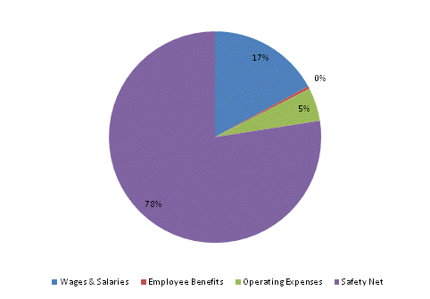 Pie Chart: Wages & Salaries=17%, Employee Benefits=0%, Operating Expenses=5%, Safety Net=78%