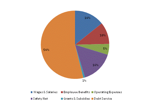 Pie Chart: Wages & Salaries=14%, Employee Benefits=10%, Operating Expenses=5%, Safety Net=16%, Grants & Subsidies=1%, Debt Service=54%