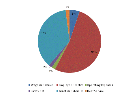 Pie Chart: Wages & Salaries=5%, Employee Benefits=52%, Operating Expenses=2%, Safety Net=2%, Grants & Subsidies=37%, Debt Service=2%