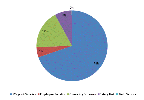 Pie Chart: Wages & Salaries=69%, Employee Benefits=5%, Operating Expenses=18%, Safety Net=8%, Debt Service=0%