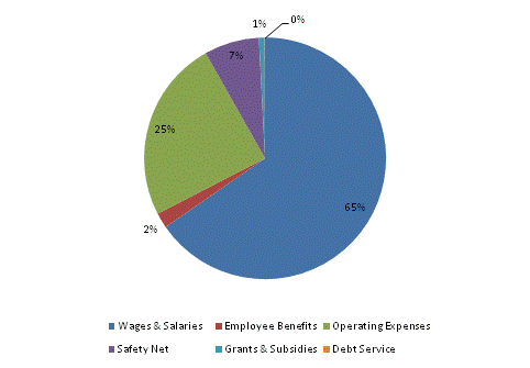 Pie Chart: Wages & Salaries=66%, Employee Benefits=2%, Operating Expenses=24%, Safety Net=7%, Grants & Subsidies=1%, Debt Service=0%