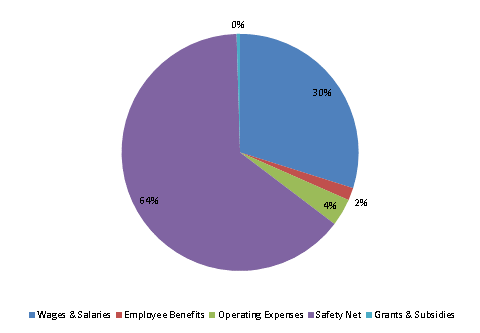 Pie Chart: Wages & Salaries=30%, Employee Benefits=2%, Operating Expenses=4%, Safety Net=64%, Grants & Subsidies=0%