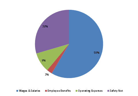 Pie Chart: Wages & Salaries=58%, Employee Benefits=3%, Operating Expenses=9%, Safety Net=30%