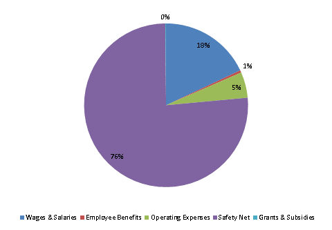 Pie Chart: Wages & Salaries=18%, Employee Benefits=0%, Operating Expenses=5%, Safety Net=77%, Grants & Subsidies=0%