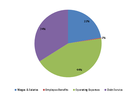 Pie Chart: Wages & Salaries=22%, Employee Benefits=0%, Operating Expenses=44%, Debt Service=34%