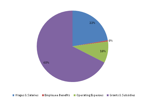 Pie Chart: Wages & Salaries=22%, Employee Benefits=1%, Operating Expenses=10%, Grants & Subsidies=67%