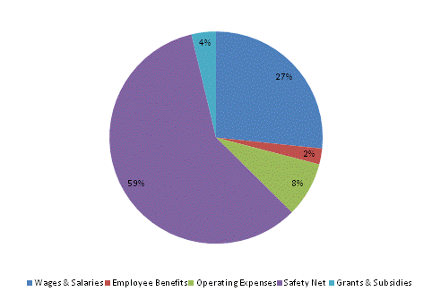 Pie Chart: Wages & Salaries=27%, Employee Benefits=2%, Operating Expenses=8%, Safety Net=59%, Grants & Subsidies=4%