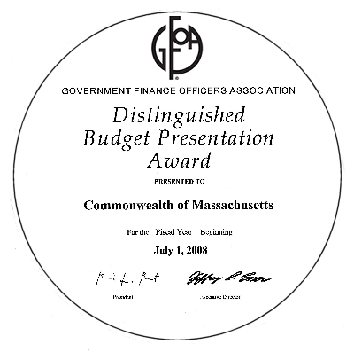 Distingued Budget Presentation Award presented to the Commonwealth of Massachusetts by the Government Finance Officers Association July 1, 2008.