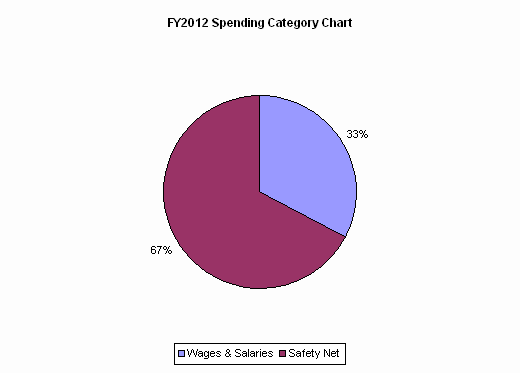 FY2012 Spending Category Chart:Wages & Salaries=33%, Safety Net=67%