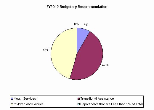 Pie Chart: Youth Services=8%, Transitional Assistance=47%, Children and Families=45%, Departments that are Less than 5% of Total=0%