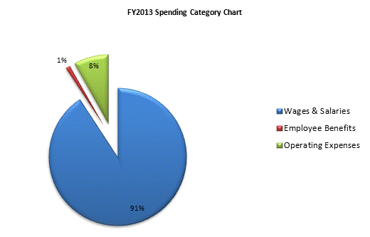 FY2013 Spending Category Chart:Wages & Salaries=91%, Employee Benefits=1%, Operating Expenses=8%