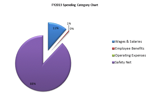 FY2013 Spending Category Chart:Wages & Salaries=11%, Employee Benefits=0%, Operating Expenses=0%, Safety Net=89%