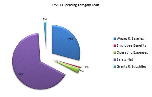 FY2013 Spending Category Chart:Wages & Salaries=29%, Employee Benefits=1%, Operating Expenses=3%, Safety Net=66%, Grants & Subsidies=1%