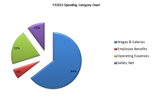 FY2013 Spending Category Chart:Wages & Salaries=64%, Employee Benefits=6%, Operating Expenses=20%, Safety Net=10%