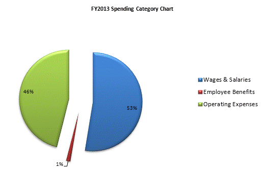 FY2013 Spending Category Chart:Wages & Salaries=53%, Employee Benefits=1%, Operating Expenses=46%