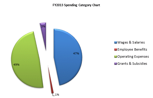 FY2013 Spending Category Chart:Wages & Salaries=47%, Employee Benefits=1%, Operating Expenses=49%, Grants & Subsidies=3%