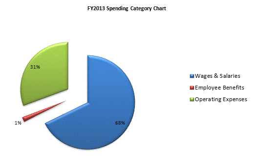 FY2013 Spending Category Chart:Wages & Salaries=67%, Employee Benefits=2%, Operating Expenses=31%