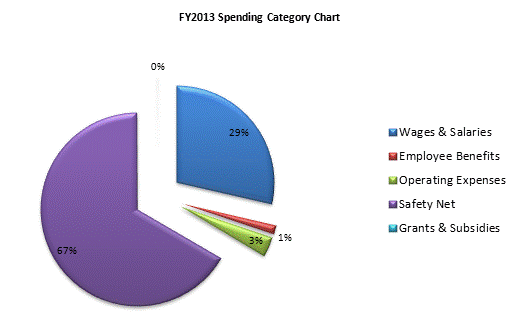 FY2013 Spending Category Chart:Wages & Salaries=29%, Employee Benefits=1%, Operating Expenses=3%, Safety Net=67%, Grants & Subsidies=0%