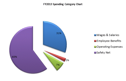 FY2013 Spending Category Chart:Wages & Salaries=31%, Employee Benefits=2%, Operating Expenses=7%, Safety Net=60%