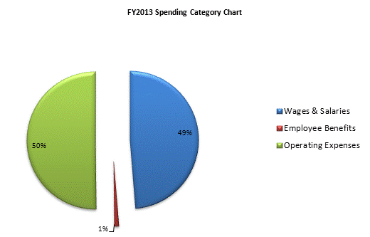 FY2013 Spending Category Chart:Wages & Salaries=49%, Employee Benefits=1%, Operating Expenses=50%