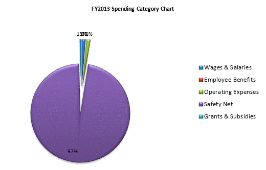 FY2013 Spending Category Chart:Wages & Salaries=1%, Employee Benefits=0%, Operating Expenses=1%, Safety Net=98%, Grants & Subsidies=0%