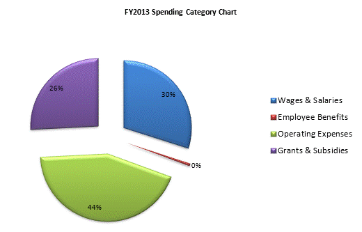 FY2013 Spending Category Chart:Wages & Salaries=30%, Employee Benefits=1%, Operating Expenses=43%, Grants & Subsidies=26%