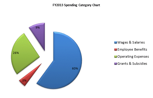 FY2013 Spending Category Chart:Wages & Salaries=60%, Employee Benefits=5%, Operating Expenses=26%, Grants & Subsidies=9%